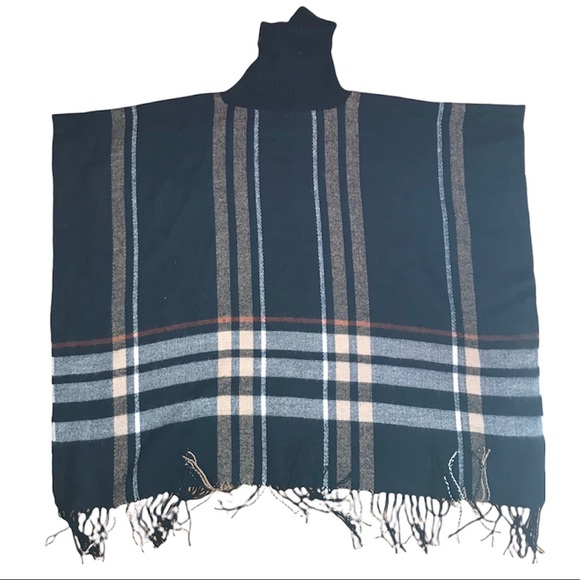 Maglia Dark Blue Plaid Turtleneck Fringe Poncho Cozy Soft Flannel Top - Picture 2 of 3